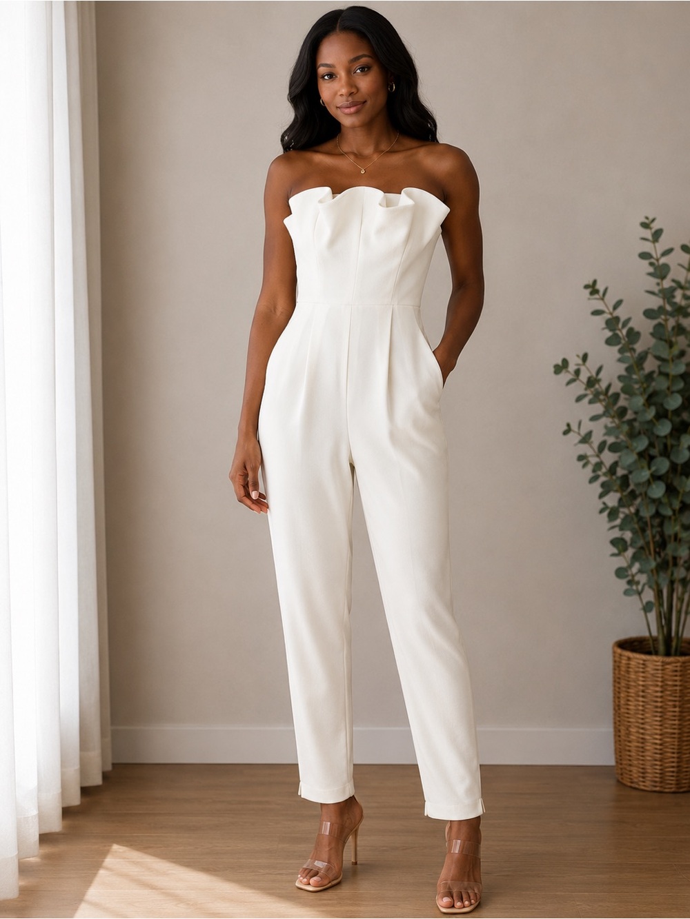 Strapless Ruffle-Trim White Jumpsuit
